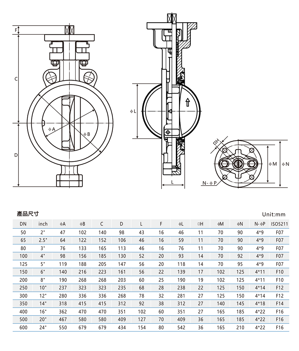 不銹鋼對(duì)夾蝶閥尺寸圖